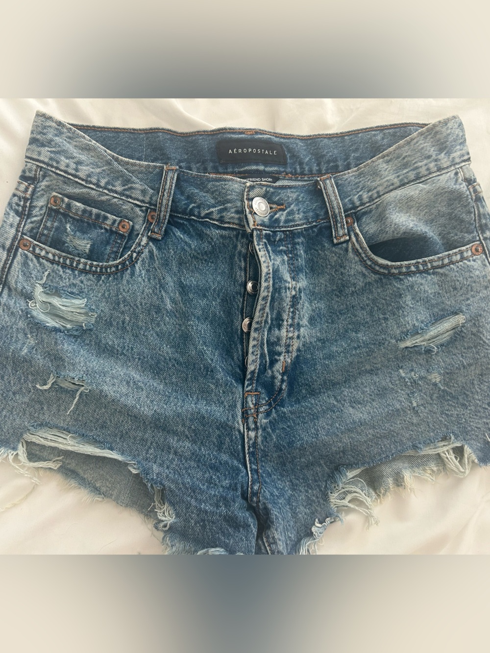 Aéropostalew Distressed High-Waist Boyfriend Short Denim Shorts - Blue